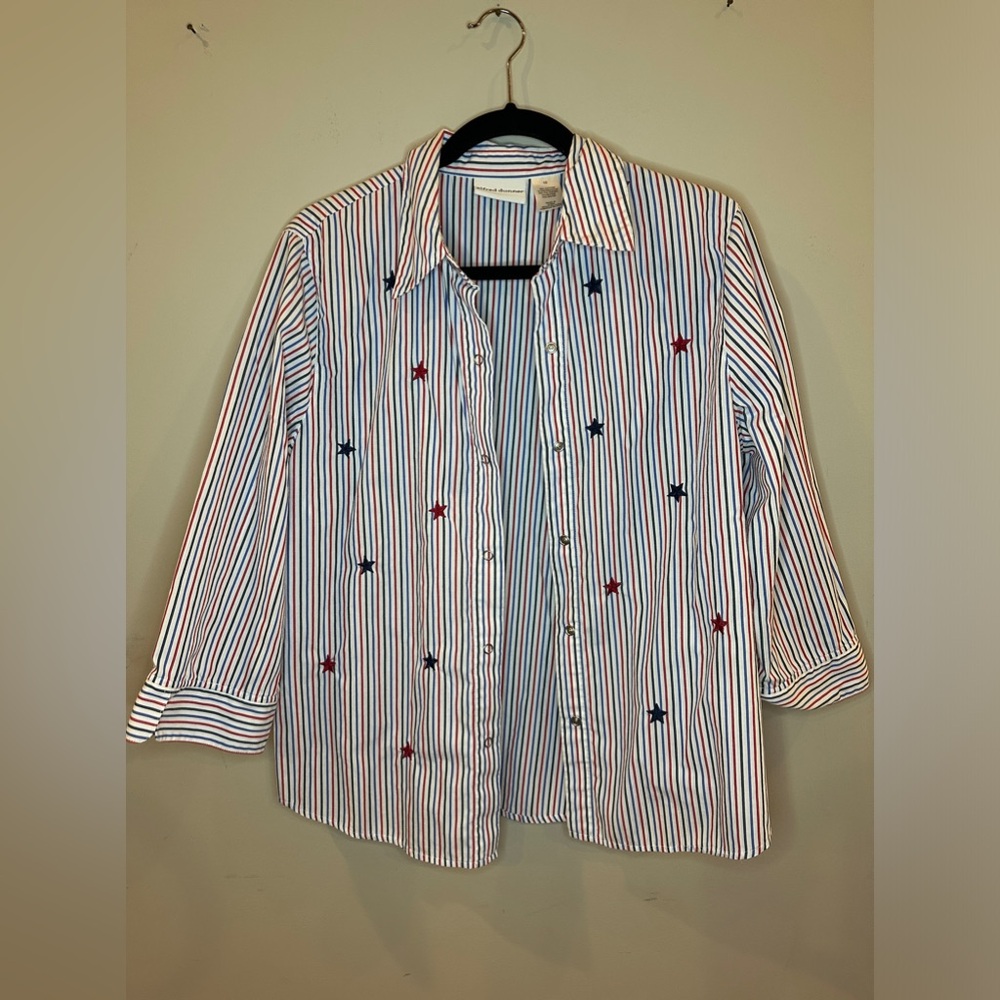 Alfred Dunner Red White Blue Button Down Blouse Size 12
